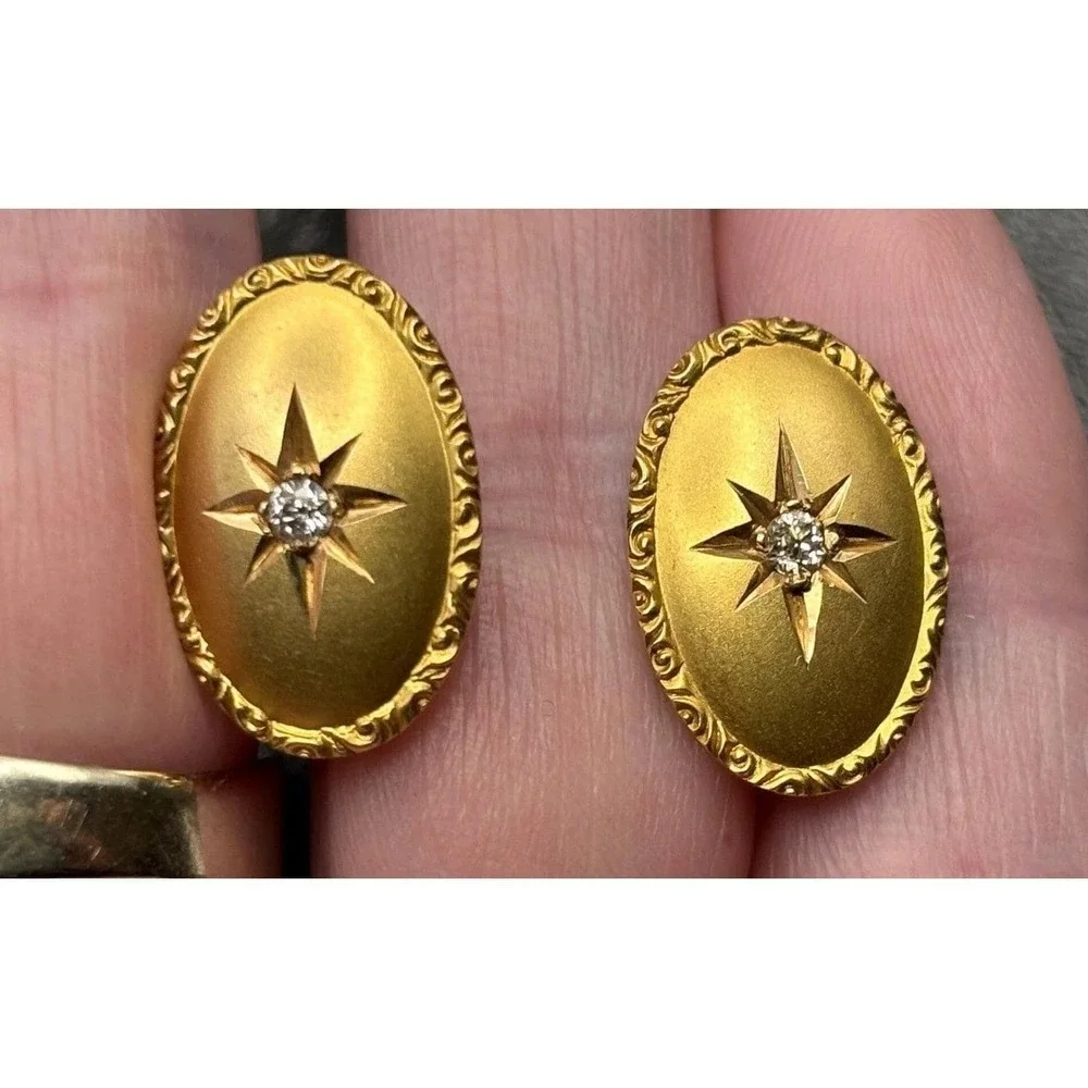 VTG Victorian 14K Solid Yellow Gold Genuine Diamond Star Starburst Cufflinks